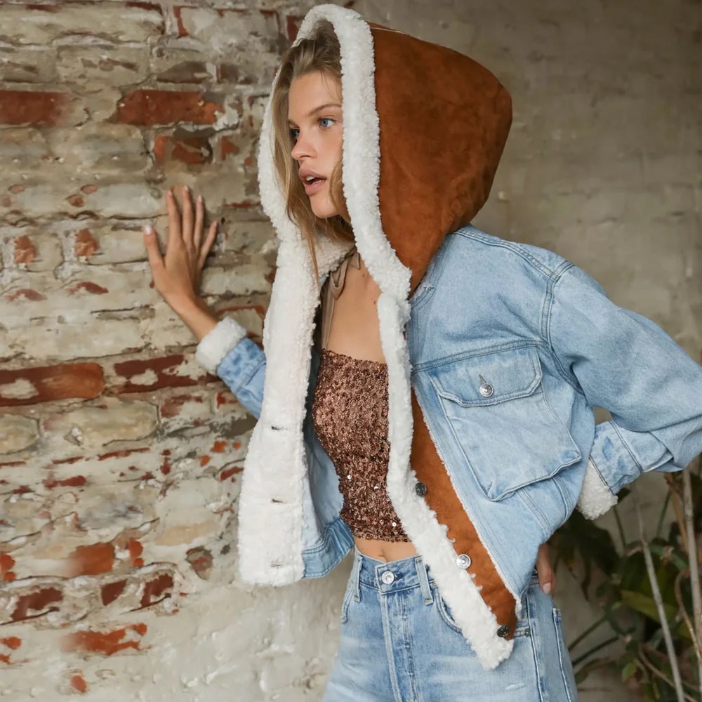 Free People Perry Shearling Hooded Denim Jacket